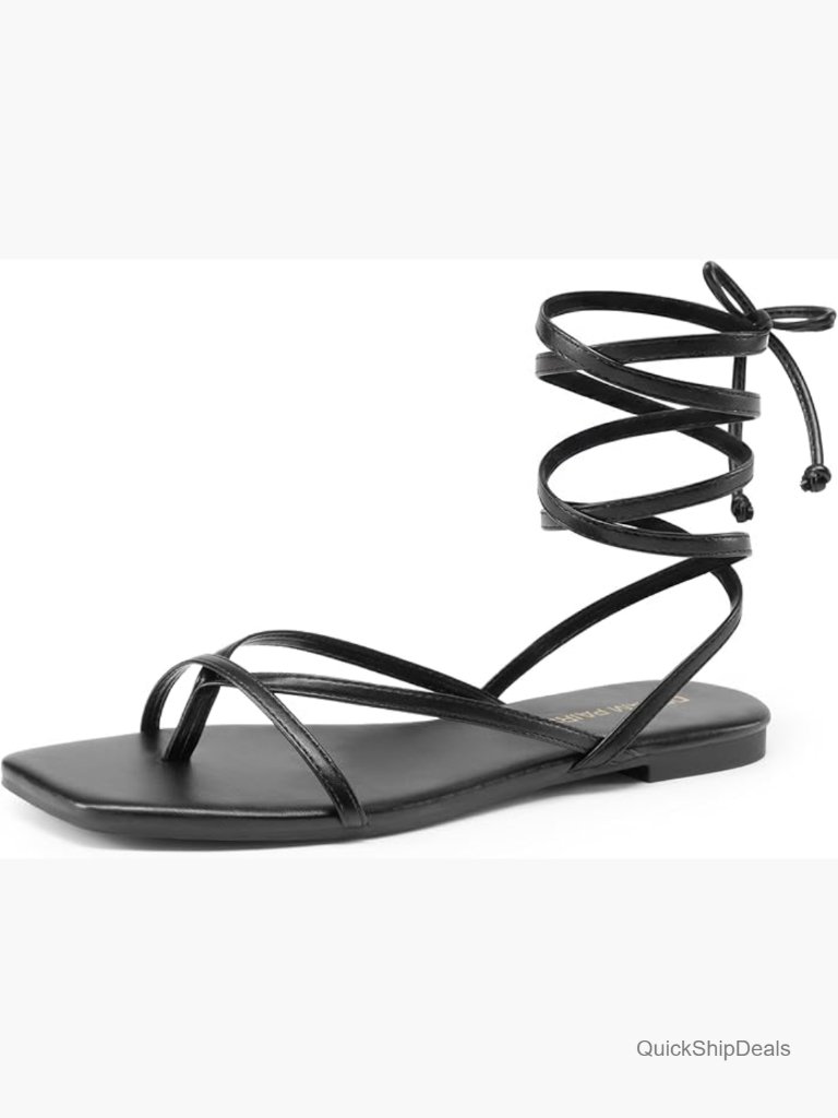 Strappy Lace Up Flat Sandals - Comfortable Gladiator Dressy Sandals With Square